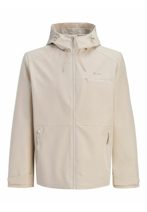 Béžová bunda s kapucí na zip vpředu, s kapsou na zip na hrudi a dvěma kapsami na zip po stranách, vybavená nastavitelnými šňůrkami kapuce.