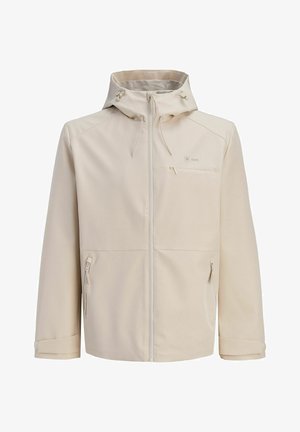 Beżowa kurtka z kapturem, zapinana z przodu na suwak, posiadająca zapinaną na suwak kieszeń na piersi oraz dwie zapinane na suwak boczne kieszenie, wyposażona w regulowane sznurki kaptura.