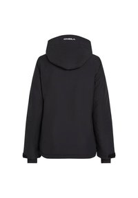 Schwarze wasserdichte Jacke mit Kapuze, langen Ärmeln, elastischen Bündchen und einem Logo auf dem Rücken. Verfügt über eine glatte, matte Textur.