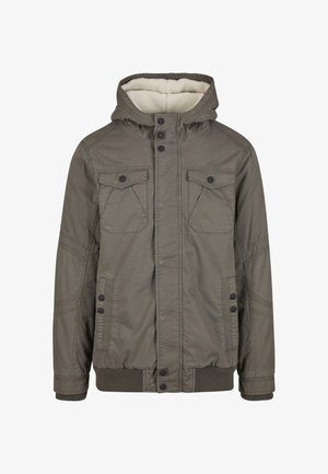 Olijfgroene hoodie-jack met voering van fleecestof, knoopsluiting aan de voorkant, twee borstzakken, geribbelde manchetten en onderrand, met subtiele stikdetails.