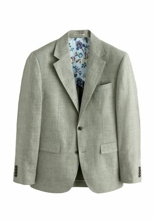 Hellgrauer einreihiger Blazer mit Revers mit Kerbe, zwei Pattentaschen, geknöpften Manschetten und einem innen mit Blumenmuster versehenen Futter.