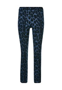 Rekbare slim-fit broeken met een donkerblauw en zwart luipaardprint, elastische tailleband en lange pijpen.