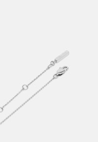 Zilveren ketting met kleine, ronde schakels, een haaksluiting en een rechthoekig label gegraveerd met "Calvin Klein."