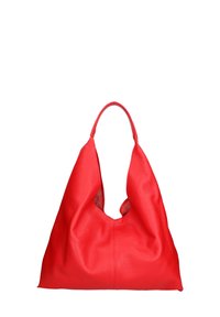 Borsa hobo in pelle rossa con un design morbido e due manici intagliati. La superficie testurizzata offre un aspetto soffice.