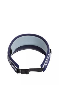 Granatowa opaska na głowę o gładkiej fakturze, z jaśniejszym niebieskim wnętrzem i regulowanym czarnym zapięciem dla pewnego dopasowania.