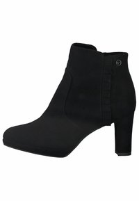 Bottine en daim noir avec un design épuré, bout pointu et un accent plissé décoratif. Présente un talon modéré pour plus de hauteur.