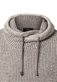Light gray, textured knit sweater with a large cowl neck and drawstrings. Features a ribbed hem and cuffs, showcasing a cozy design.