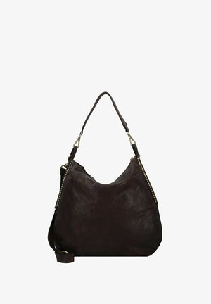 Borsa a spalla in pelle marrone con un design morbido, dotata di una sola tracolla e decorazioni a borchie in tono oro su un lato.