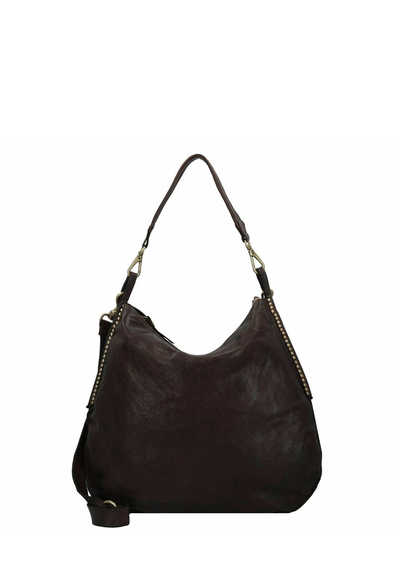 Borsa a spalla in pelle marrone con un design morbido, dotata di una sola tracolla e decorazioni a borchie in tono oro su un lato.