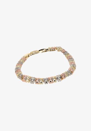 Rannekoru, jossa on toisiinsa kytkeytyviä kultaisia, ruusukultaisia ja hopeanvärisiä metalliketjuja, joissa on monimutkaisia kuvioita ja turvallinen lukitus.