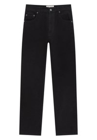 Jeans de denim negro con un diseño de pierna recta, que cuentan con cinco bolsillos, herrajes de metal y una etiqueta minimalista en el interior de la cinturilla.