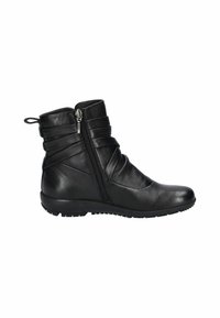 Botte de cheville en cuir noir avec un bout légèrement arrondi, fermeture éclair sur le côté, détails froncés et semelle en caoutchouc texturée.