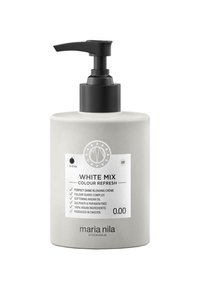 Pompdispenserfles in matte lichtgrijs met een zwarte pomp. Etiket bevat de productnaam, kenmerken en merk in zwarte tekst. Slank en modern ontwerp.