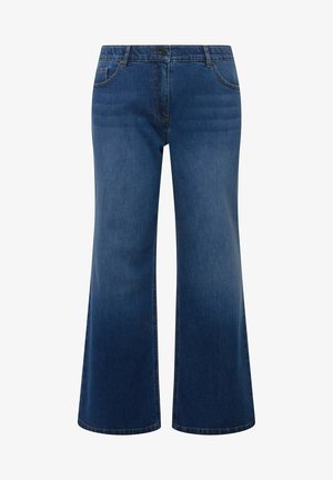 Wijde spijkerbroek in een donkere blauwwas, met voorzakken, een rits, en een schone, gladde textuur met subtiele stikdetails.