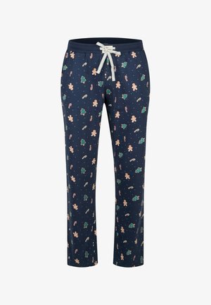 Marineblauwe pyjamabroek met een feestelijke print van peperkoekmannetjes, kerstbomen en zuurstokken. Voorzien van een taille met trekkoord en een zachte stoftextuur.