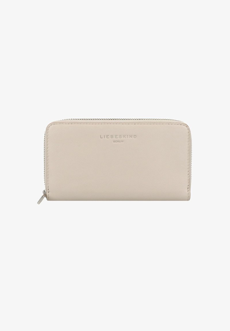 Beżowy skórzany portfel z zamknięciem na suwak. Gładka tekstura, prostokątny kształt i wytłoczone logo "LIEBESKIND BERLIN" z przodu.