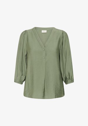 Roheline, kerge Bluson V-kaelusega, kolme nupuga ja kolmveerandsleeve'idega. Sile tekstuur, õrn sära ja kroogitud mansetid.