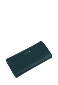 Teal leather wallet with a smooth texture, featuring a gold "LOVE DOTS" logo. Folded rectangular shape, clean edges, and minimalist design.