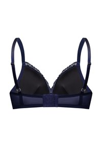 Granatowy stanik z koronkowym wykończeniem, miękkimi, wyprofilowanymi miseczkami, regulowanymi ramiączkami oraz zapięciem na haczyk i oczko. Wykonany z gładkiego materiału, podkreśla komfort noszenia.