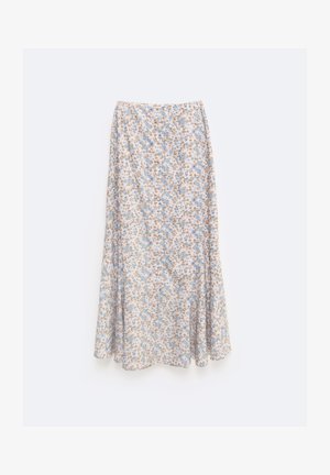 Bloemrijke midi-rok in pasteltinten met een luchtig ontwerp. Het materiaal is lichtgewicht en heeft kleine blauwe en bruine bloemenpatronen.