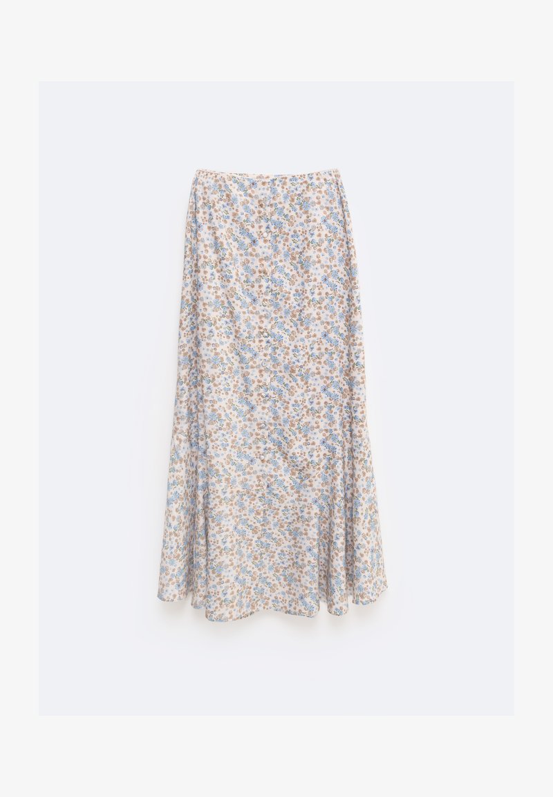 Floral midi skirt in pastel colors featuring a flowy design. Material is lightweight with small blue and brown flower patterns throughout.