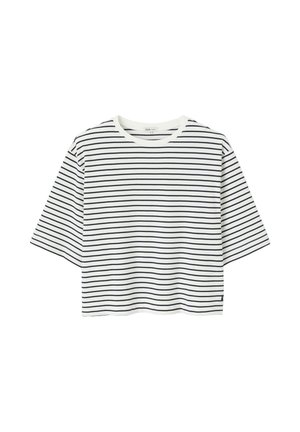 Chemise blanche à manches courtes avec des rayures horizontales noires et un col rond, présentée à plat sur un fond blanc.