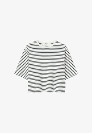 Chemise blanche à manches courtes avec des rayures horizontales noires et un col rond, présentée à plat sur un fond blanc.