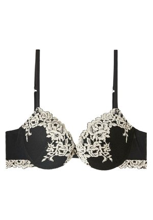 Schwarzer BH mit cremefarbener Spitzenkante, aus strukturiertem Stoff, mit Bügelunterstützung und verstellbaren Trägern. Blumige Spitzenmuster an den Rändern.