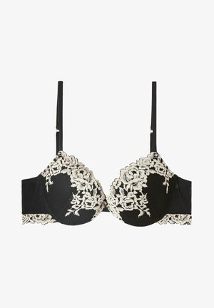 Schwarzer BH mit cremefarbener Spitzenkante, aus strukturiertem Stoff, mit Bügelunterstützung und verstellbaren Trägern. Blumige Spitzenmuster an den Rändern.