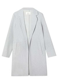 Lichtgrijze jas van een gestructureerde stof, met blazer-stijl revers, twee voorzakken en een open voorkant. Geen aanvullende sluitingen.