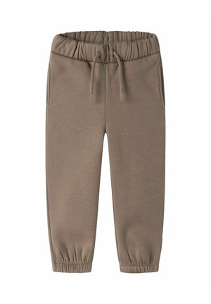 Pantalon de jogging marron avec taille élastique, cordon de serrage et chevilles resserrées, présenté sur fond blanc.