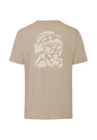 T-shirt beige avec un graphisme blanc représentant des fleurs, des feuilles, le soleil, des oiseaux, le mot "ensemble" et le texte "là-bas, à la découverte de nouveaux chemins dans la nature" au dos.