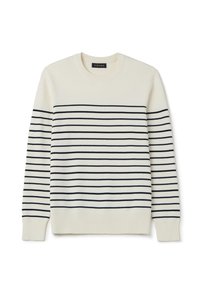 Crew neck sweater in cream with navy horizontal stripes. Made of soft fabric, featuring ribbed cuffs and hem, and a classic fit design.