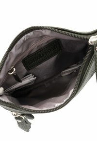 Green textured purse with a zip closure, featuring a light grey interior with multiple card slots and a fabric lining.