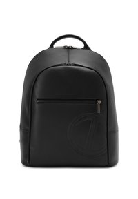 Black leather backpack with a rounded shape, large main compartment, front zip pocket, and embossed logo detail. Smooth texture, minimal design.