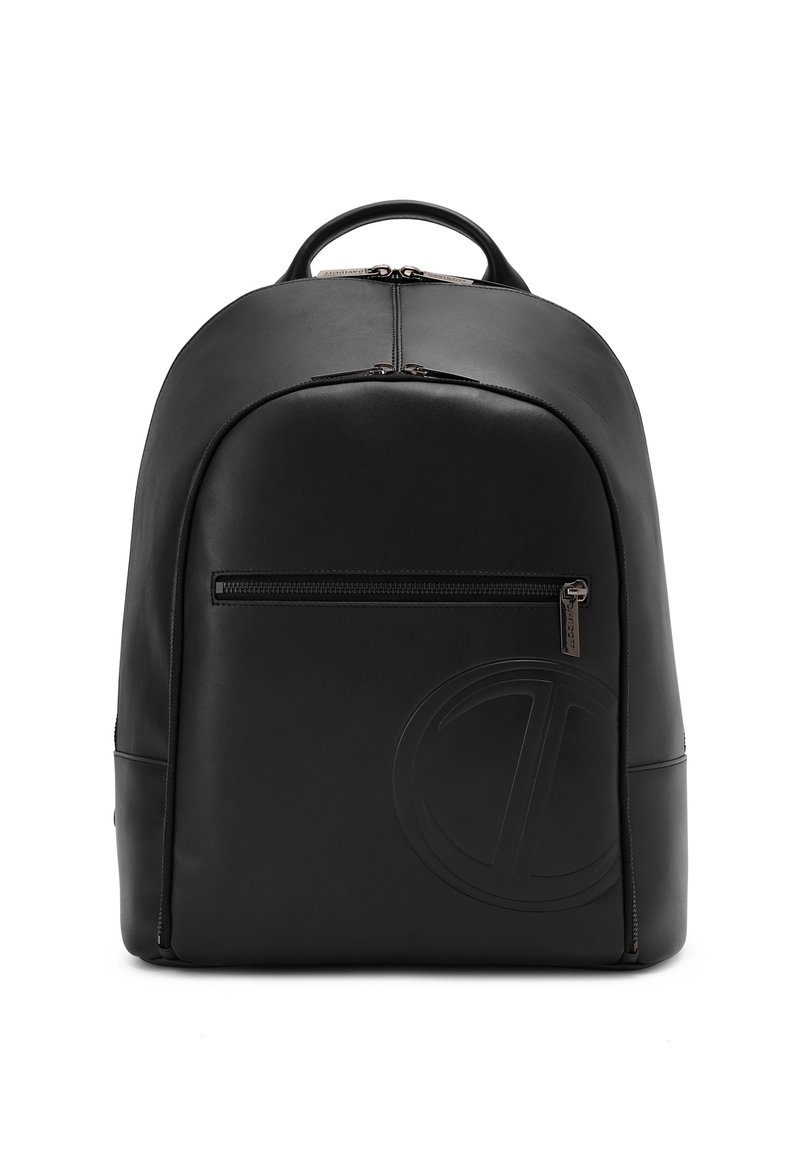 Black leather backpack with a rounded shape, large main compartment, front zip pocket, and embossed logo detail. Smooth texture, minimal design.