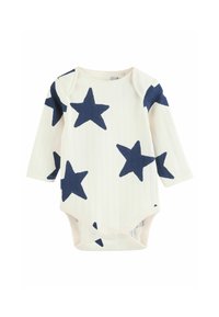 Bodysuit à manches longues pour bébé en crème avec un motif d'étoiles bleu marine, texture côtelée et fermeture à pressions en bas. Tissu doux et flexible.