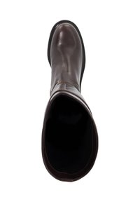 Brown leather knee-high boot featuring a rounded toe, minimal stitching detail, and a smooth finish with a sturdy rubber sole.