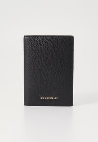 Black leather wallet with a textured finish. Features a gold logo at the bottom and rectangular shape. Smooth edges and minimalistic design.