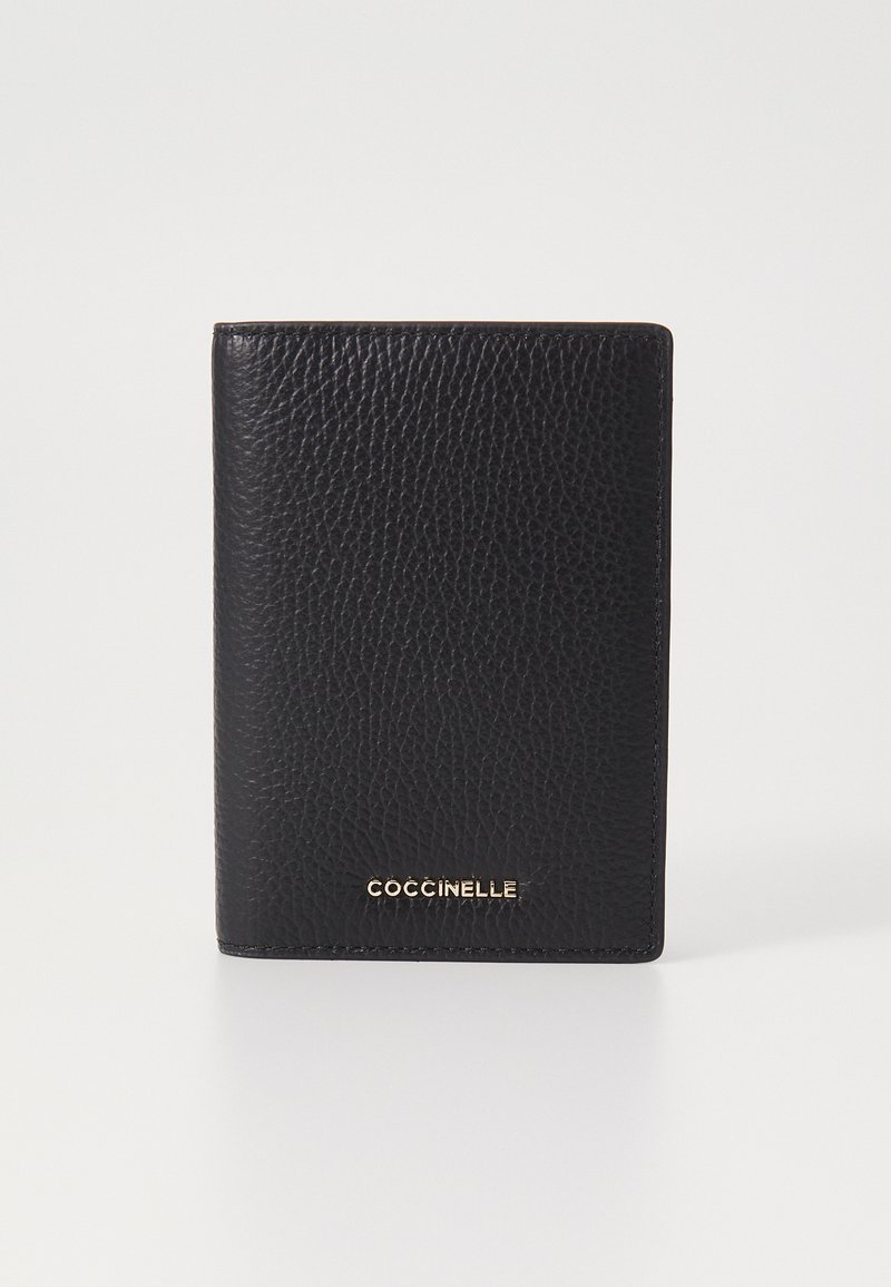 Black leather wallet with a textured finish. Features a gold logo at the bottom and rectangular shape. Smooth edges and minimalistic design.