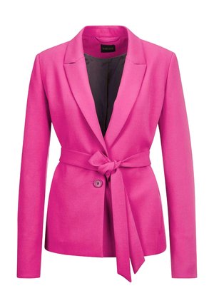 Roze op maat gemaakte blazer met lange mouwen, notch kraag, knoopsluiting aan de voorkant en een strikceintuur in de taille. Gladde stof met een zwarte binnenvoering.