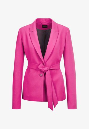 Pink tailored blazer with long sleeves, notch collar, front button, and a tied waist belt. Smooth fabric texture with black inner lining.