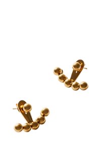 Pendientes de metal en tono dorado que presentan un diseño único con cinco cuentas redondeadas de diferentes tamaños, dispuestas en un patrón curvado.