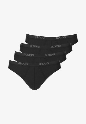 Ensemble de lingerie noire comprenant quatre paires avec des ceintures élastiques affichant le logo "SLOGGI", conçu avec une texture lisse et une coupe ajustée.