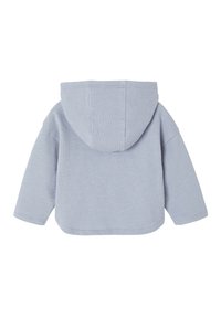 Hellblaues, gestricktes Babykapuzenoberteil mit langen Ärmeln und abgerundetem Saum, von hinten vor einem weißen Hintergrund gezeigt.
