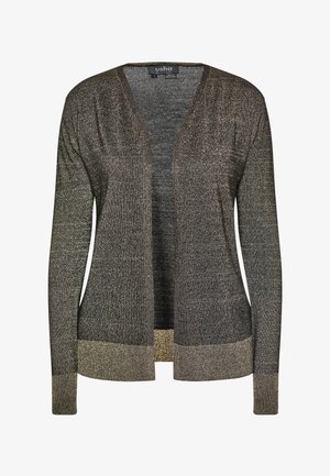 Openvallend damesvest met lange mouwen in donkergrijs met een lichtere grijze zoom en manchetten, gemaakt van gebreide metallic stof.
