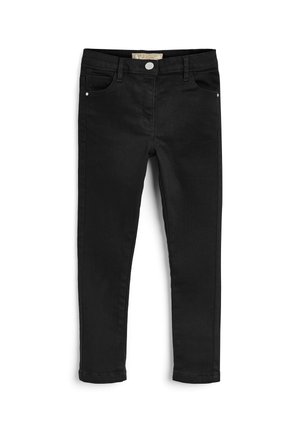 Jean slim noir avec poches avant, passants de ceinture et fermeture par bouton, présenté sur fond blanc.