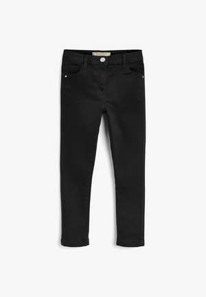 Jean slim noir avec poches avant, passants de ceinture et fermeture par bouton, présenté sur fond blanc.