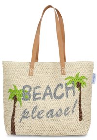 Gewebte Strohtasche für den Strand mit tanfarbenen Lederelementen, verziert mit besticktem "BEACH please!"-Text und Palmenmotiven in Grün und Braun.