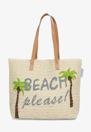 Gewebte Strohtasche für den Strand mit tanfarbenen Lederelementen, verziert mit besticktem "BEACH please!"-Text und Palmenmotiven in Grün und Braun.